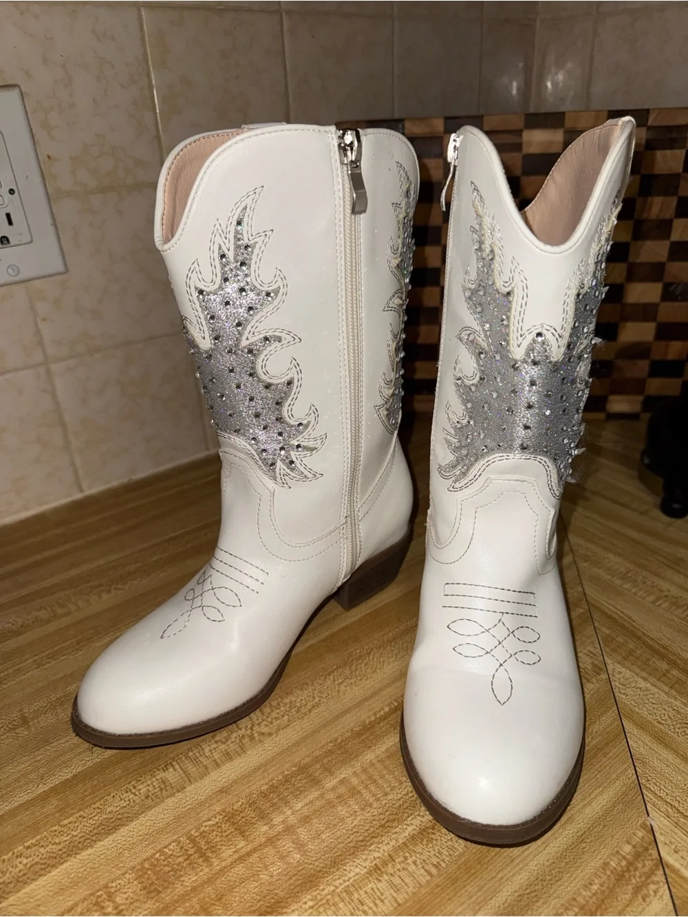 White Ankle Western Booties with Silver Embellishment